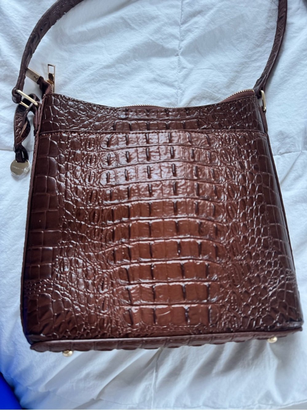 Croc-Embossed Brown Leather Crossbody Bag - Picture 2 of 4